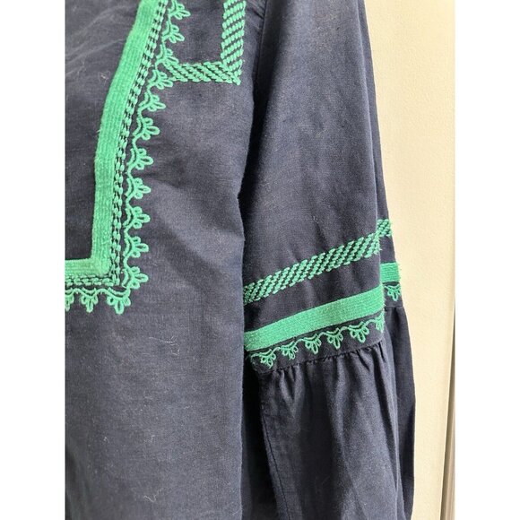 J. Crew Women’s Embroidered Boho Linen & Cotton Navy & Green Top Blouse Size 10 - Picture 5 of 13